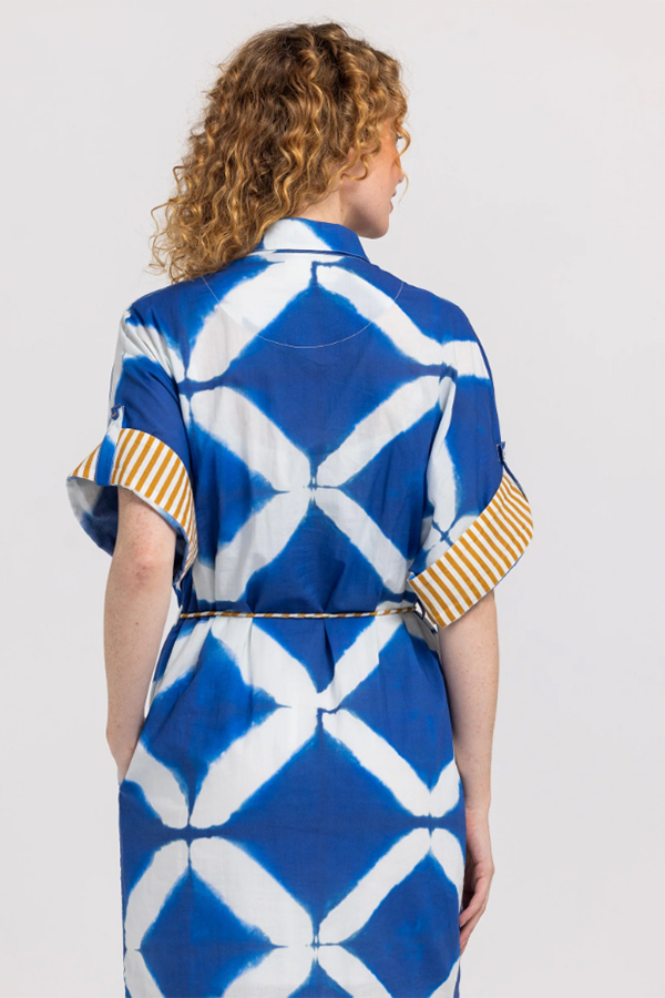 Boom Shankar Maui Shirt Dress Block Print Mediterranean blue geometric print cotton dress