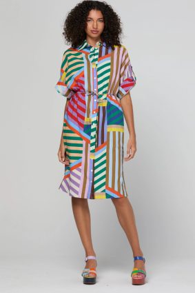 Boom Shankar Maui Shirt Dress Liquorice Stripe in multicoloured cotton seersucker with rope waist tie