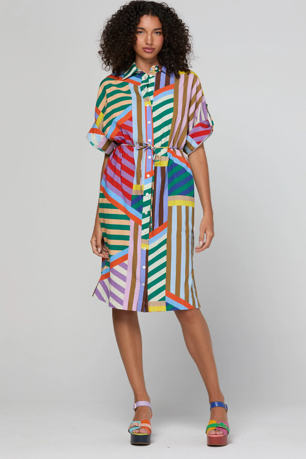 Boom Shankar Maui Shirt Dress Liquorice Stripe in multicoloured cotton seersucker with rope waist tie