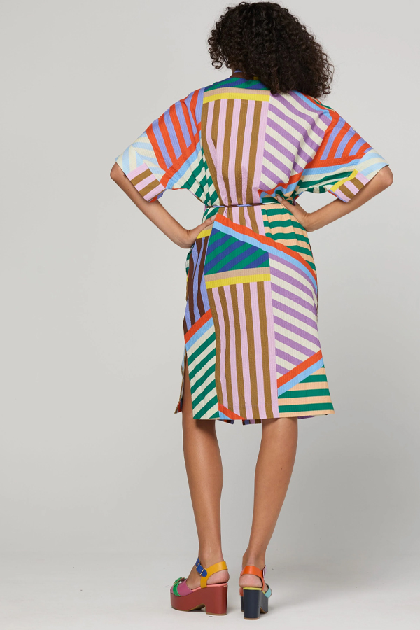 Boom Shankar Maui Shirt Dress Liquorice Stripe in multicoloured cotton seersucker with rope waist tie