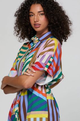 Boom Shankar Maui Shirt Dress Liquorice Stripe in multicoloured cotton seersucker with rope waist tie