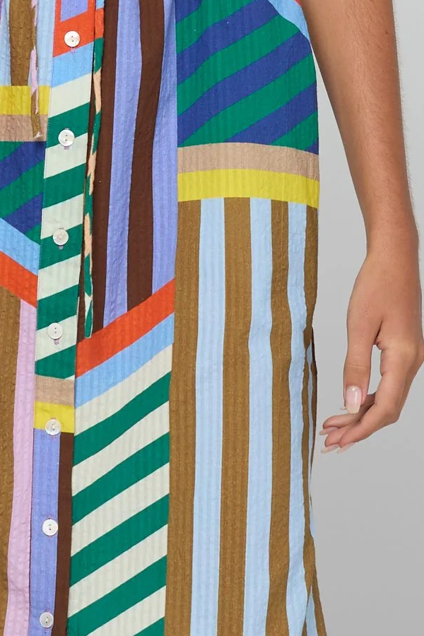 Boom Shankar Maui Shirt Dress Liquorice Stripe in multicoloured cotton seersucker with rope waist tie