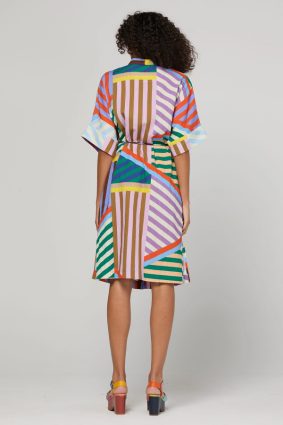Boom Shankar Maui Shirt Dress Liquorice Stripe in multicoloured cotton seersucker with rope waist tie