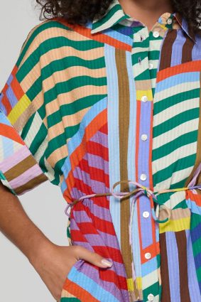 Boom Shankar Maui Shirt Dress Liquorice Stripe in multicoloured cotton seersucker with rope waist tie