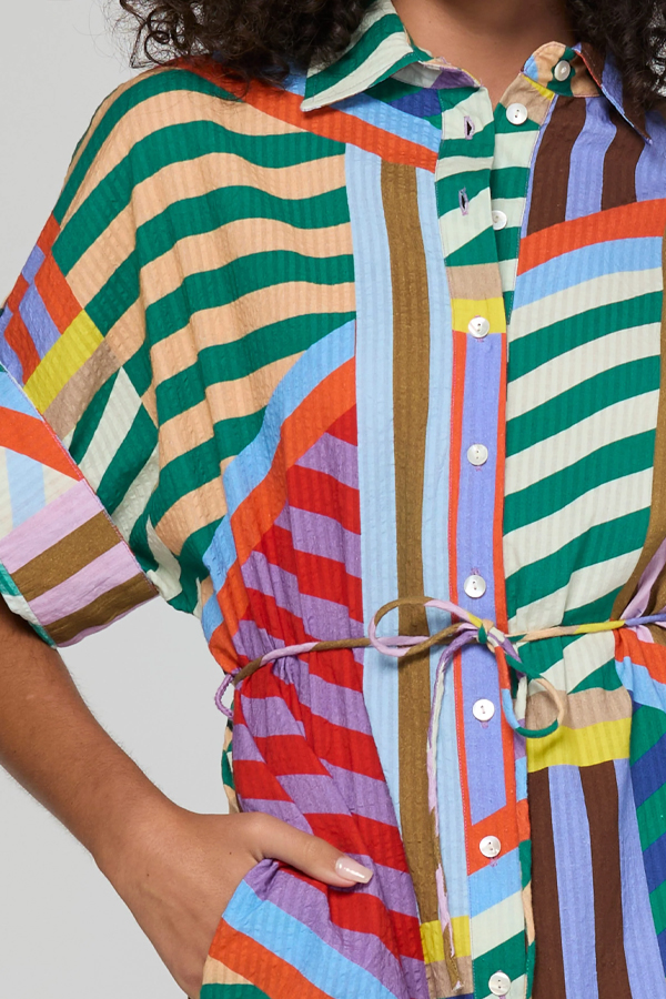 Boom Shankar Maui Shirt Dress Liquorice Stripe in multicoloured cotton seersucker with rope waist tie