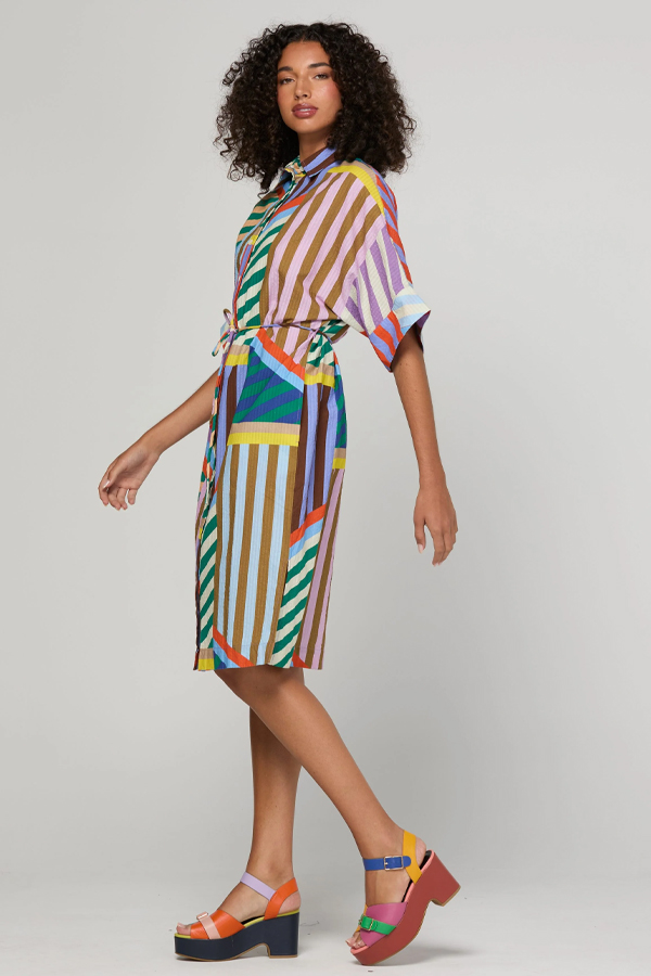 Boom Shankar Maui Shirt Dress Liquorice Stripe in multicoloured cotton seersucker with rope waist tie