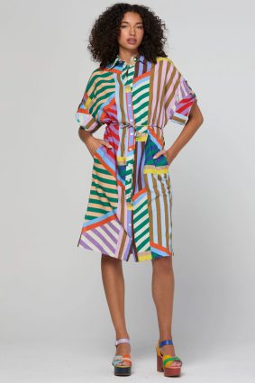 Boom Shankar Maui Shirt Dress Liquorice Stripe in multicoloured cotton seersucker with rope waist tie