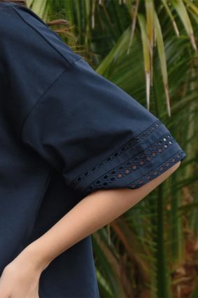 Coop Best Tee Navy Cotton Cropped T-Shirt with Lace Sleeve Inserts