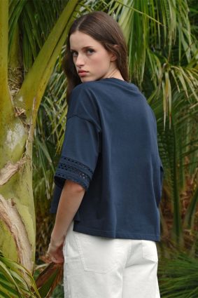 Coop Best Tee Navy Cotton Cropped T-Shirt with Lace Sleeve Inserts