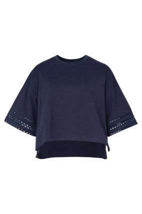 Coop Best Tee Navy Cotton Cropped T-Shirt with Lace Sleeve Inserts