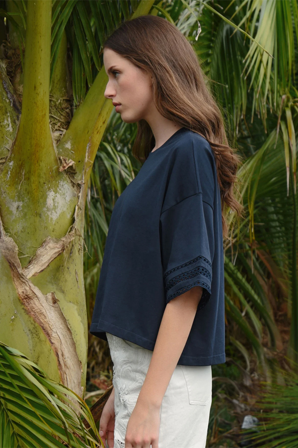 Coop Best Tee Navy Cotton Cropped T-Shirt with Lace Sleeve Inserts
