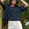 Coop Best Tee Navy Cotton Cropped T-Shirt with Lace Sleeve Inserts