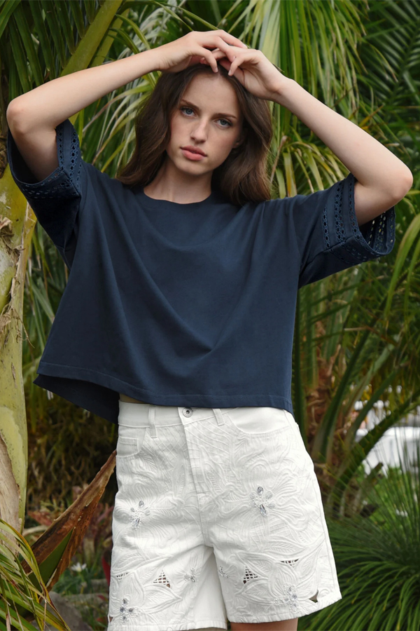 Coop Best Tee Navy Cotton Cropped T-Shirt with Lace Sleeve Inserts