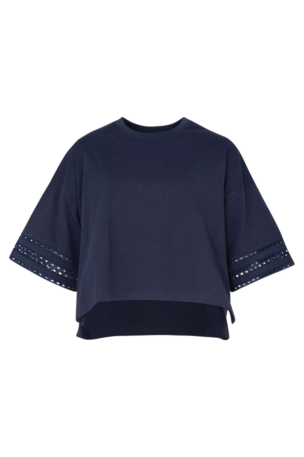 Coop Best Tee Navy Cotton Cropped T-Shirt with Lace Sleeve Inserts