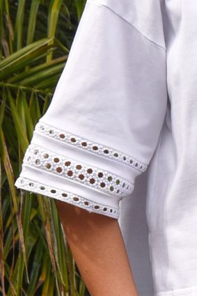 Coop Best Tee White Cotton Cropped T-Shirt with Lace Sleeve Inserts