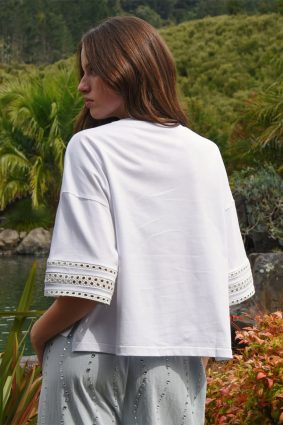 Coop Best Tee White Cotton Cropped T-Shirt with Lace Sleeve Inserts