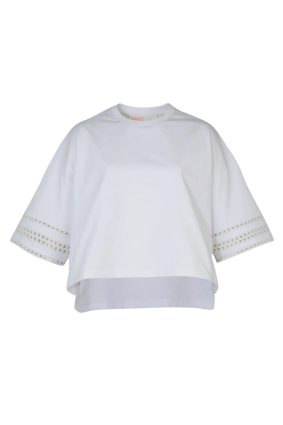 Coop Best Tee White Cotton Cropped T-Shirt with Lace Sleeve Inserts