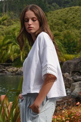 Coop Best Tee White Cotton Cropped T-Shirt with Lace Sleeve Inserts