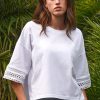 Coop Best Tee White Cotton Cropped T-Shirt with Lace Sleeve Inserts