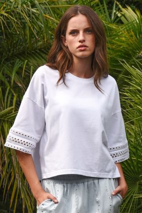 Coop Best Tee White Cotton Cropped T-Shirt with Lace Sleeve Inserts