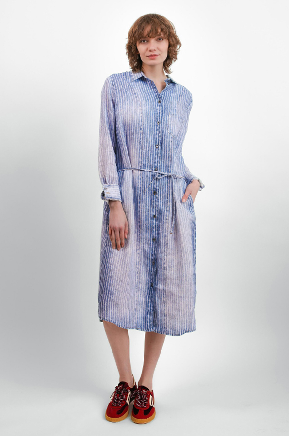 Elemente Clemente relaxed fit linen dress in soft blue stripe with button front
