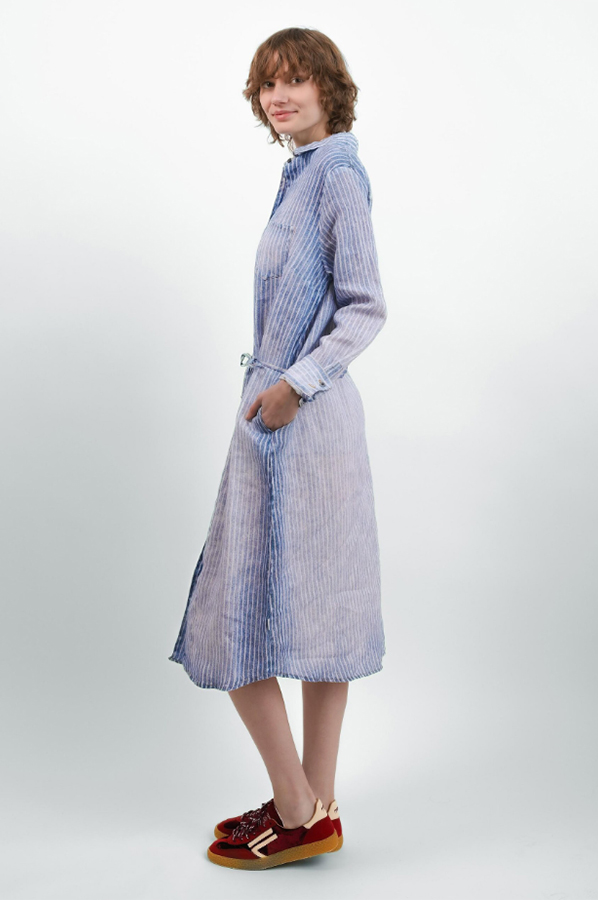 Elemente Clemente relaxed fit linen dress in soft blue stripe with button front
