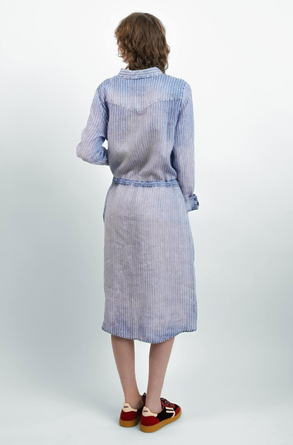 Elemente Clemente relaxed fit linen dress in soft blue stripe with button front