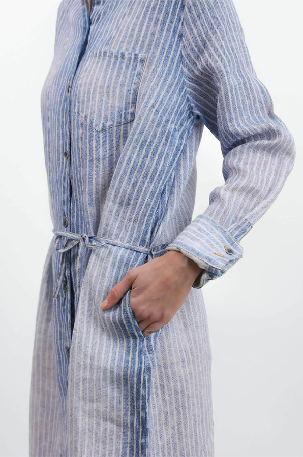 Elemente Clemente relaxed fit linen dress in soft blue stripe with button front