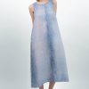 Elemente Clemente relaxed fit linen dress in soft blue stripe with button front