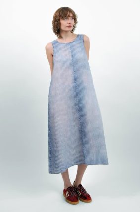 Elemente Clemente relaxed fit linen dress in soft blue stripe with button front
