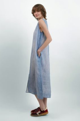 Elemente Clemente relaxed fit linen dress in soft blue stripe with button front