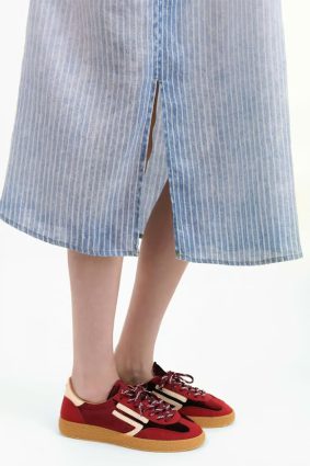 Elemente Clemente relaxed fit linen dress in soft blue stripe with button front