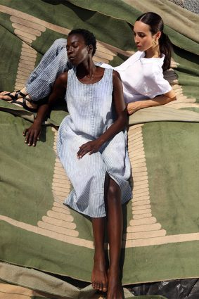 Elemente Clemente relaxed fit linen dress in soft blue stripe with button front