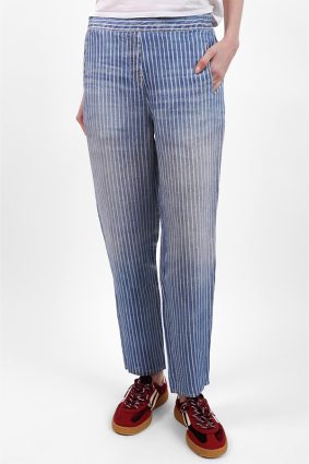 Elemente Clemente relaxed tapered linen pants in soft washed blue denim with elastic waistband