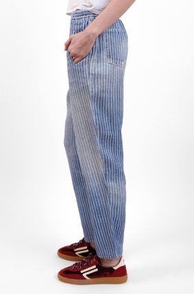 Elemente Clemente relaxed tapered linen pants in soft washed blue denim with elastic waistband