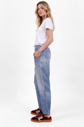 Elemente Clemente relaxed tapered linen pants in soft washed blue denim with elastic waistband
