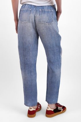 Elemente Clemente relaxed tapered linen pants in soft washed blue denim with elastic waistband