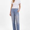 Elemente Clemente relaxed tapered linen pants in soft washed blue denim with elastic waistband