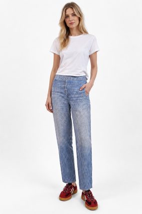 Elemente Clemente relaxed tapered linen pants in soft washed blue denim with elastic waistband