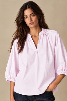Herzens pink blouse with gathered neckline and three-quarter sleeves