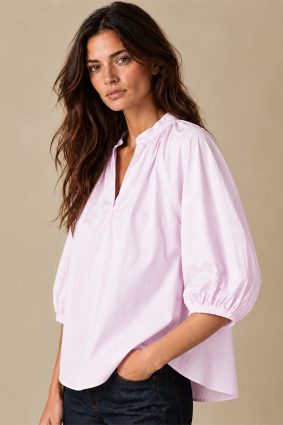 Herzens pink blouse with gathered neckline and three-quarter sleeves