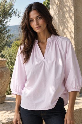 Herzens pink blouse with gathered neckline and three-quarter sleeves