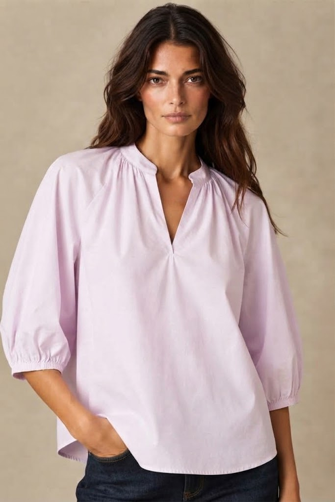 Herzens pink blouse with gathered neckline and three-quarter sleeves