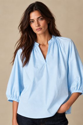 Herzens soft blue blouse with gathered neckline and three-quarter sleeves