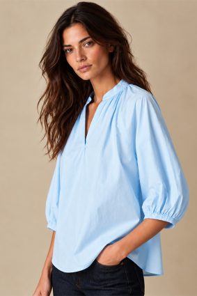 Herzens soft blue blouse with gathered neckline and three-quarter sleeves