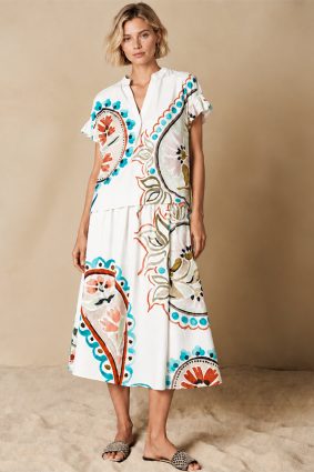 Herzens white blouse with turquoise and coral floral paisley print