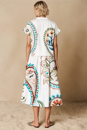 Herzens white blouse with turquoise and coral floral paisley print