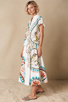 Herzens white blouse with turquoise and coral floral paisley print