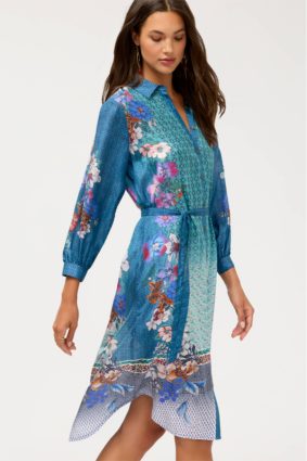 Johnny Was Arani Midi Shirt Dress Dewflower front view with collared button front