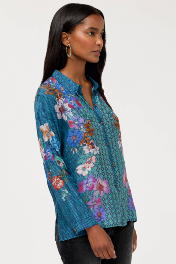 Johnny Was Luisa Shirt Dewflower front view featuring collared button front and long sleeves